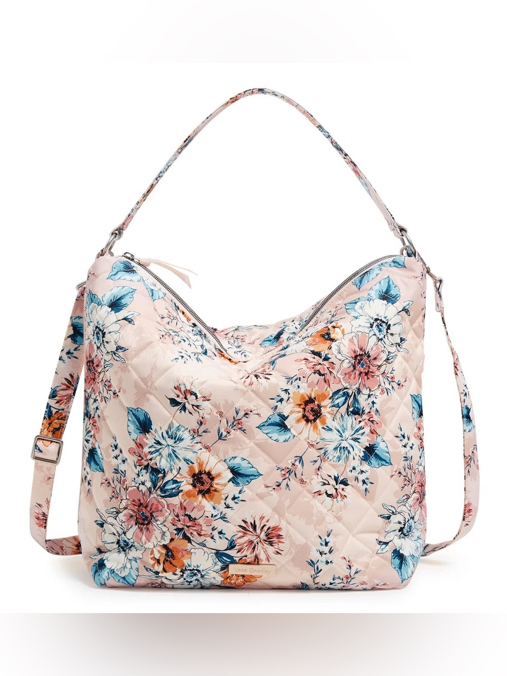 New Vera Bradley Large Hobo Shoulder Crossbody Bag Quilted Peach Blossom Bouquet